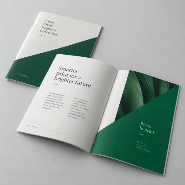 Open booklet with green printed panels and a matching cover