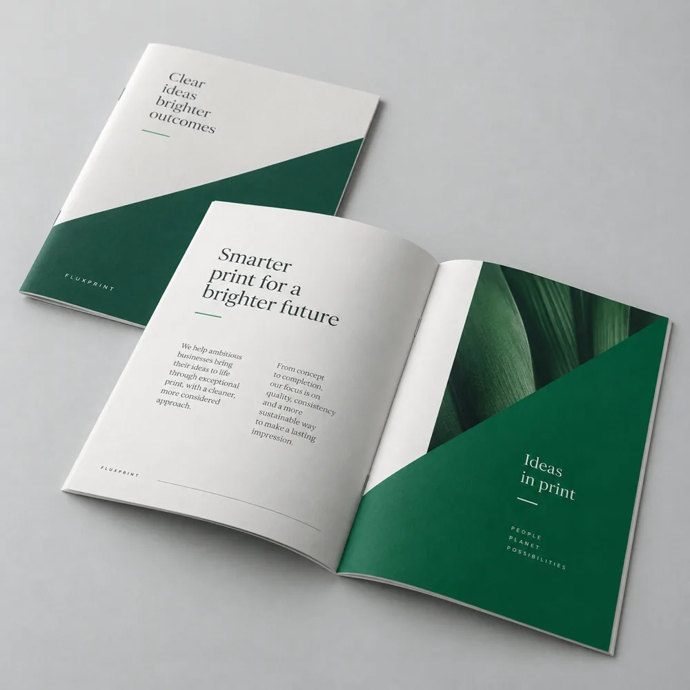 Open booklet with green printed panels and a matching cover