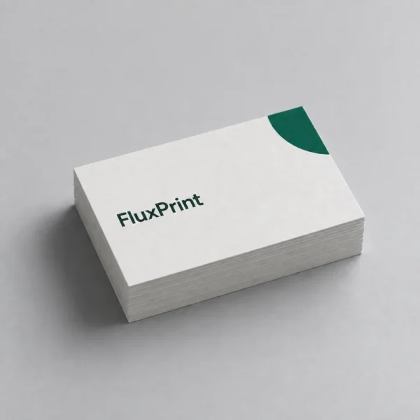 Stack of white FluxPrint business cards with a green corner design