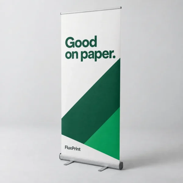 Freestanding FluxPrint roller banner with silver base