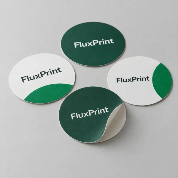 Round green and white FluxPrint stickers with one peeled edge